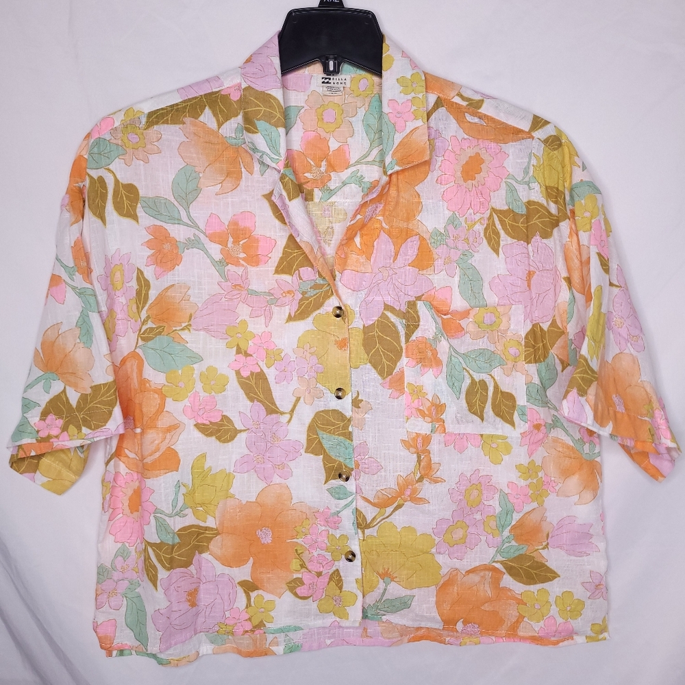 BILLABONG Women's Colorful Floral Cropped Button-Down Hawaiian Shirt LARGE